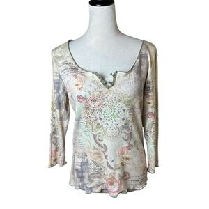 Oneworld Boho Embellished Floral Paris Print Top Y2K L | Rhinestone Lettuce Hem